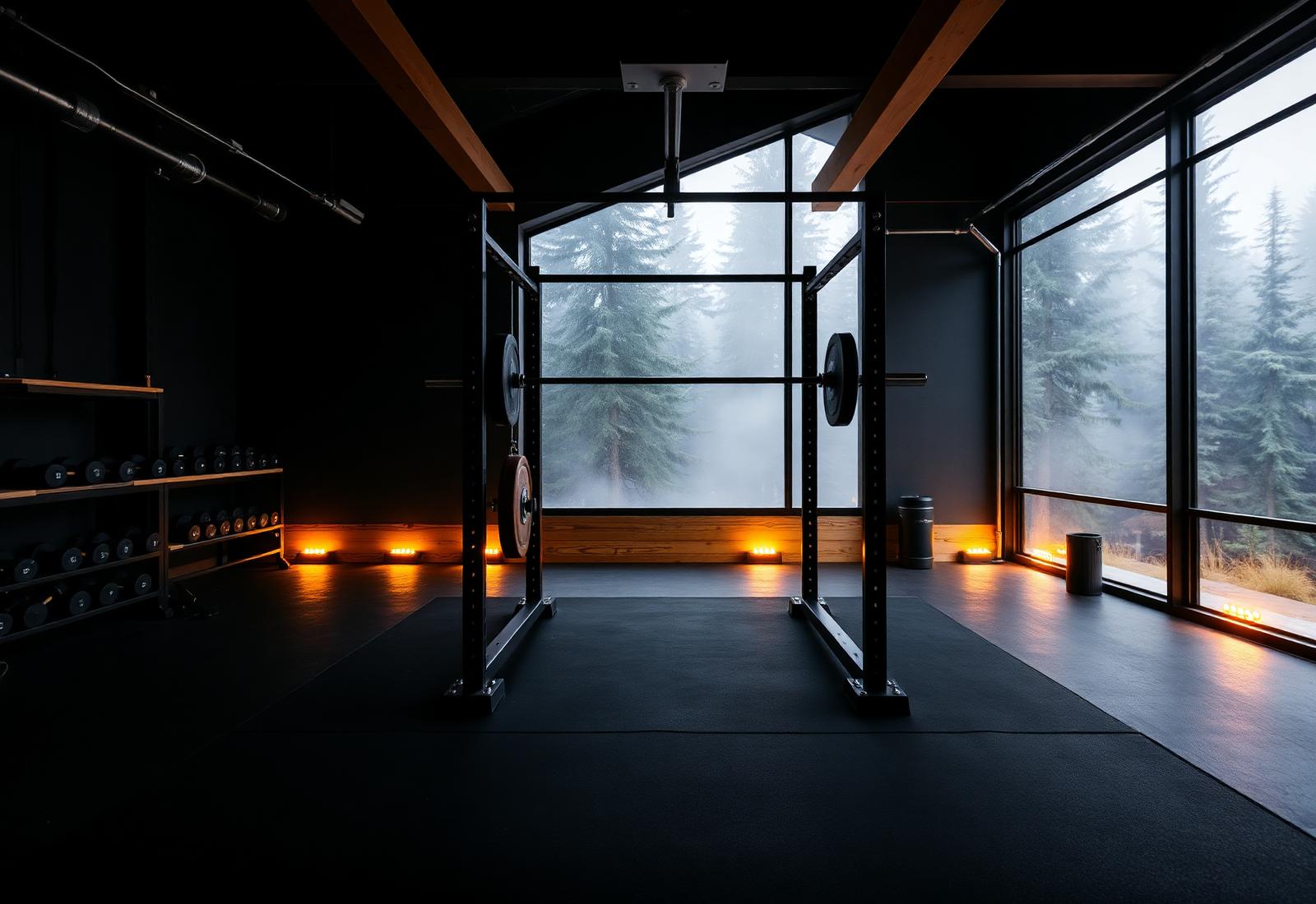 Custom home gym with power rack overlooking a misty Pacific Northwest forest